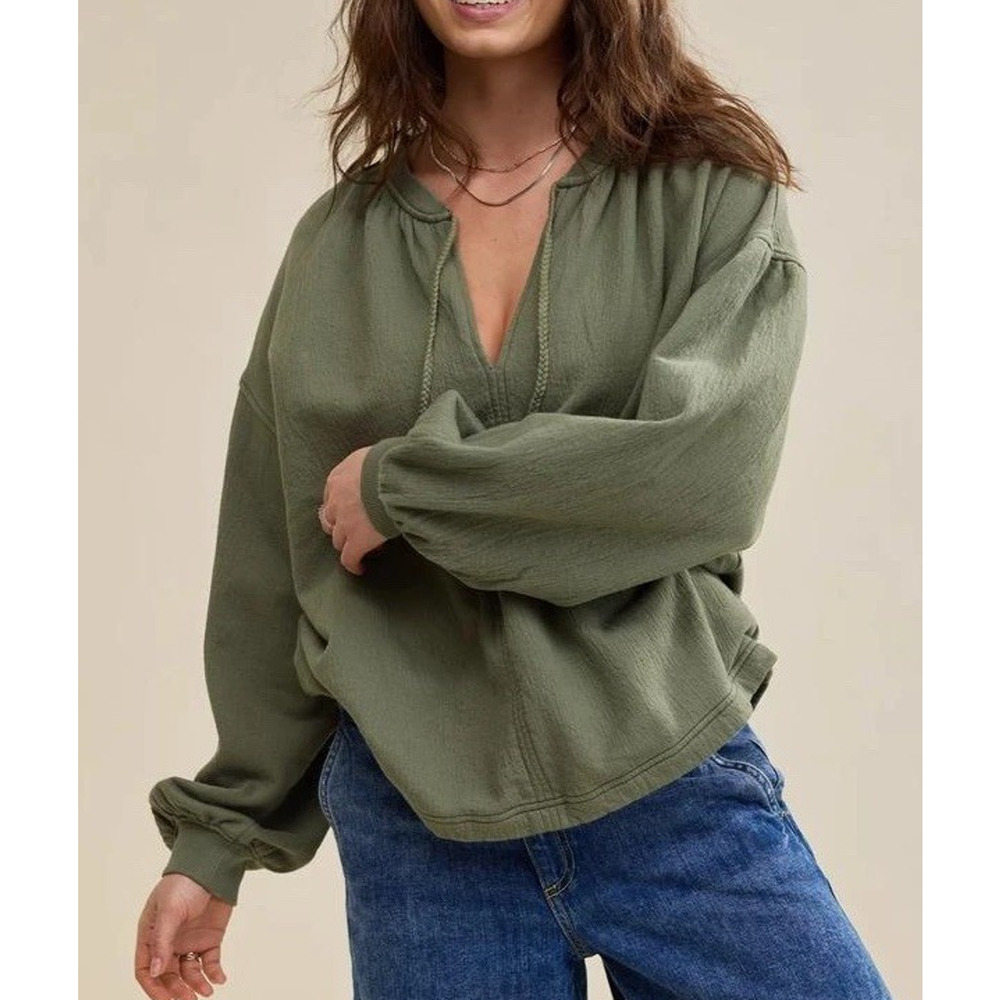 NEW Aerie Easy Street Oversized Slouchy Sweatshirt Peasant Boho Olive Green